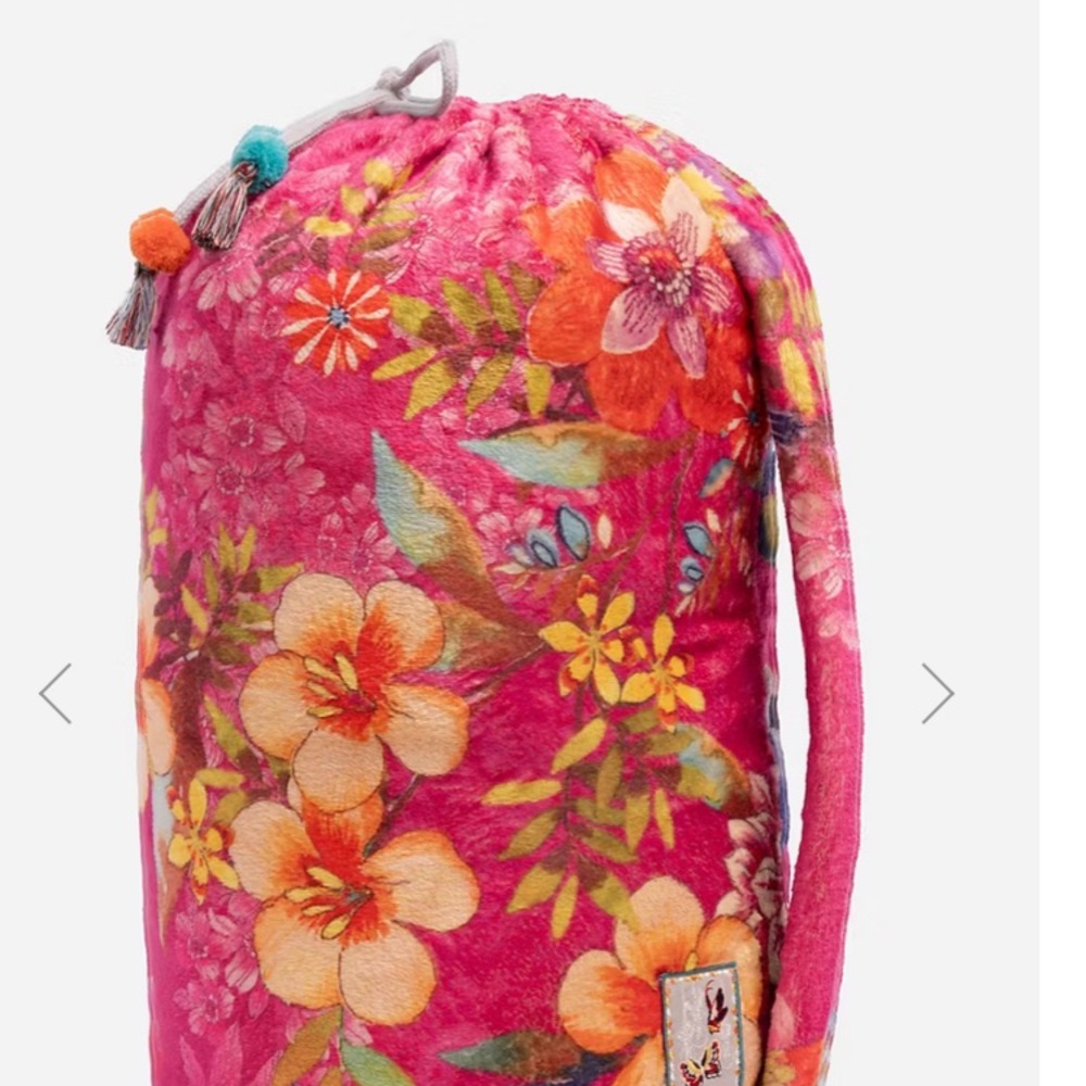 Johnny Was Pink and Multicolor Floral Fleece Drawstring Bag